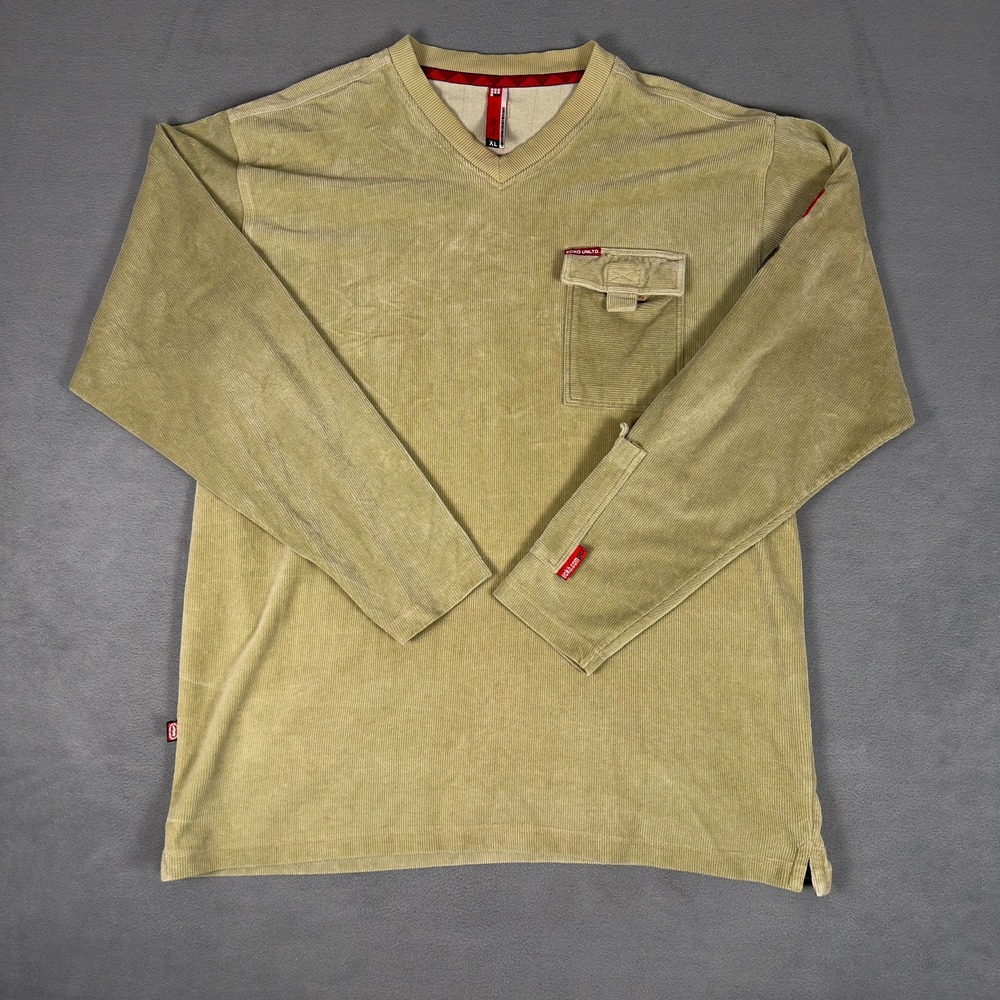 Marc Ecko Unltd Mens XL Khaki Corduroy V-Neck Long Sleeve Shirt Y2K